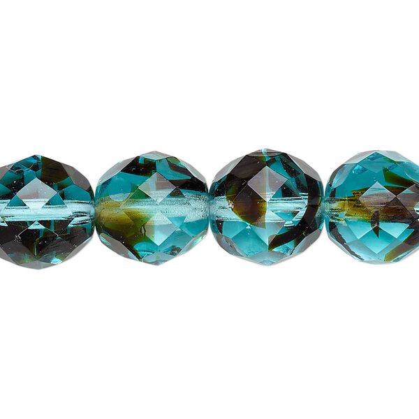 Bead, Czech fire-polished glass, pkg/15-1/2 to 16 inches, 12mm faceted round, black and turquoise blue, (68116). image number 0