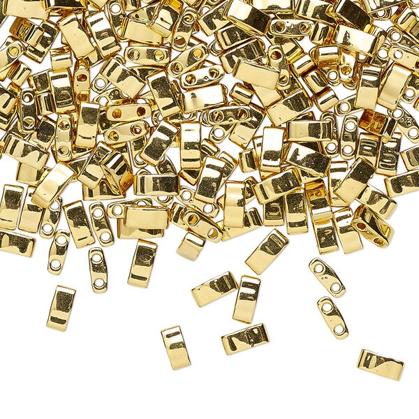 Seed bead, TILA®, glass, pkg/4g, 5x2.3mm half tila rectangle, opaque 24Kt gold-plated, (HTL-191). image number 0