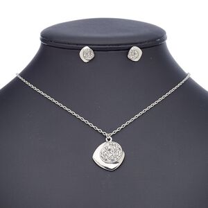 Necklace and earring set, glass rhinestone with imitation rhodium-finished steel and "pewter" (zinc-based alloy), clear, 25x24mm freeform, 18-inch necklace with 2-inch extender chain and lobster claw clasp, 12x12mm freeform with post. Sold per set.