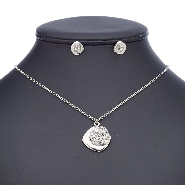 Necklace and earring set, glass rhinestone with imitation rhodium-finished steel and "pewter" (zinc-based alloy), clear, 25x24mm freeform, 18-inch necklace with 2-inch extender chain and lobster claw clasp, 12x12mm freeform with post. Sold per set. image number 0