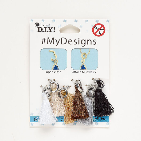 Tassel assortment, silver-finished steel and nylon, mixed neutrals, 1 inch with fold-over clasp. Sold per pkg of 6. image number 0