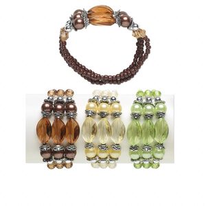 Bracelet, 3-strand stretch, acrylic / glass / antique silver-coated acrylic / imitation rhodium-plated steel, assorted colors, 9mm round and 20x13mm faceted oval, 7 inches. Sold per pkg of 3.
