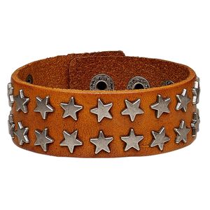 Bracelet, leather (dyed) and silver-plated steel, tan, 27mm wide with star studs, adjustable from 5-1/2 to 7 inches with snap closure. Sold individually.