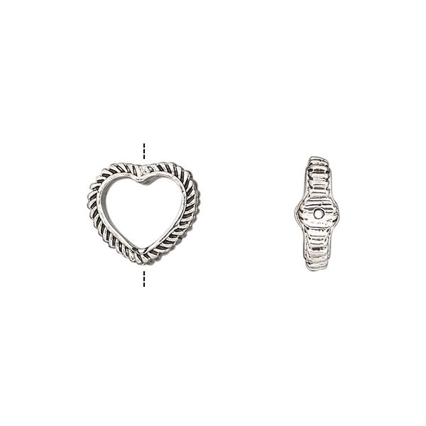 Bead frame, antique silver-finished "pewter" (zinc-based alloy), 12x10.5mm open heart with rope edge, fits up to 8mm bead. Sold per pkg of 2. image number 0