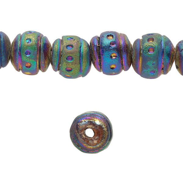 Bead, pressed clay, rainbow, 9-11mm handmade textured round. Sold per 16-inch strand, approximately 40 beads. image number 0