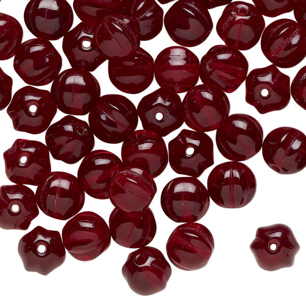 Bead, glass, translucent dark red, 7mm corrugated round. Sold per 1-ounce pkg, approximately 70 beads. image number 0