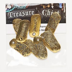 Drop mix, antique gold-finished "pewter" (zinc-based alloy), 29x13mm-30x14mm two-sided rounded rectangle with floral design and "beautiful" / "intimate" / "open." Sold per pkg of 9.