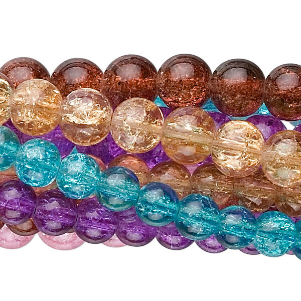 Bead mix, coated crackle glass, mixed colors, 6-8mm round. Sold per pkg of (10) 30-inch strands. image number 0