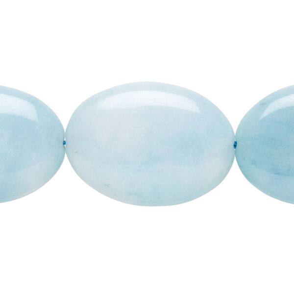 Bead, "larimar" (quartz) (dyed), aqua blue, 25x18mm flat oval, B grade, Mohs hardness 7. Sold per 8-inch strand, approximately 8 beads. image number 0