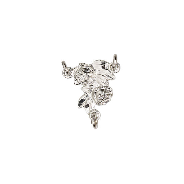 Connector, Britannia pewter (tin-based alloy), 13x12mm single-sided diamond-cut rosary with roses and leaves. Sold individually. image number 0