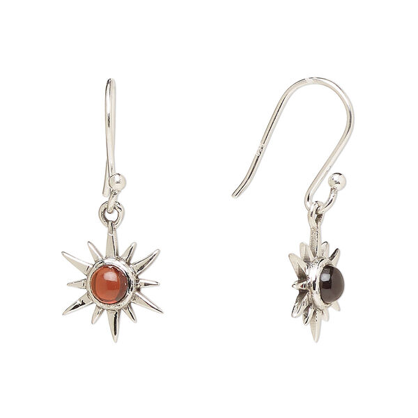 Ear wire, Create Compliments®, antiqued sterling silver and garnet (natural), fishhook, 27mm with 12mm single-sided star, 21 gauge. Sold per pair. image number 0