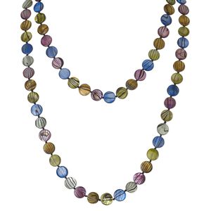 Necklace, mother-of-pearl shell (dyed / coated), multicolored, 12mm flat round, 45-inch knotted continuous loop. Sold individually.