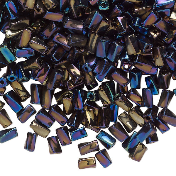 Bugle bead, glass, opaque jet AB, 5x2mm twisted tube. Sold per 50-gram pkg, approximately 1,160 beads. image number 0