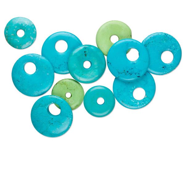 Focal and component mix, magnesite (dyed / stabilized), blue and green, 25-50mm round donut and go-go, Mohs hardness 3-1/2 to 4. Sold per 250-gram pkg, approximately 10-15 pieces. image number 0