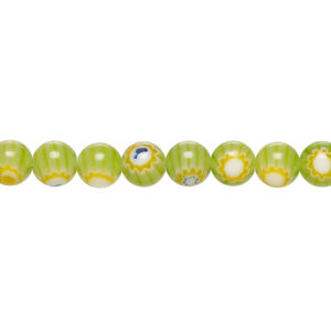Bead, millefiori glass 1pkg1, translucent light green / white / blue, 6mm round, 15 inches.