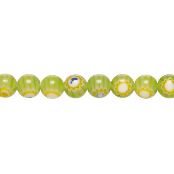 Bead, millefiori glass 1pkg1, translucent light green / white / blue, 6mm round, 15 inches. image number 0
