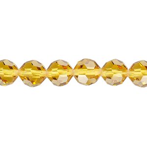 Bead, vintage fire-polished glass, translucent topaz, 8-9mm faceted round. Sold per 36-inch strand.