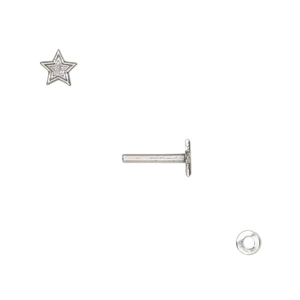 Washer and brad, antique silver-plated brass, 4x0.7mm and 10.5x6mm with 6x6mm star and 1.5mm post diameter. Sold per pkg of (2) 2-piece sets. image number 0