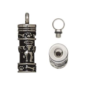 Pendant, stainless steel / silicone / enamel, black, 30.5x9.5mm cylinder with dog with halo and wings and watertight chamber. Sold individually.