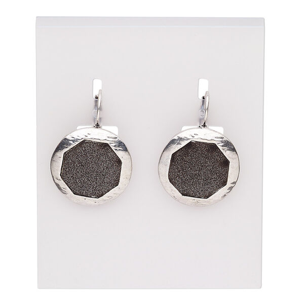 Earring, silver-plated brass and "pewter" (zinc-based alloy), black with glitter, 32mm with round and octagon with leverback ear wire. Sold per pair. image number 0