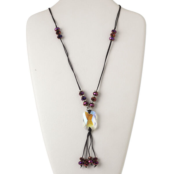 Necklace, glass / color-coated plastic / silver-finished steel / nylon cord, black / clear AB / metallic purple, 33x24mm faceted rectangle, 30-34 inches with lobster claw clasp and 2-inch extender chain. Sold individually. image number 0