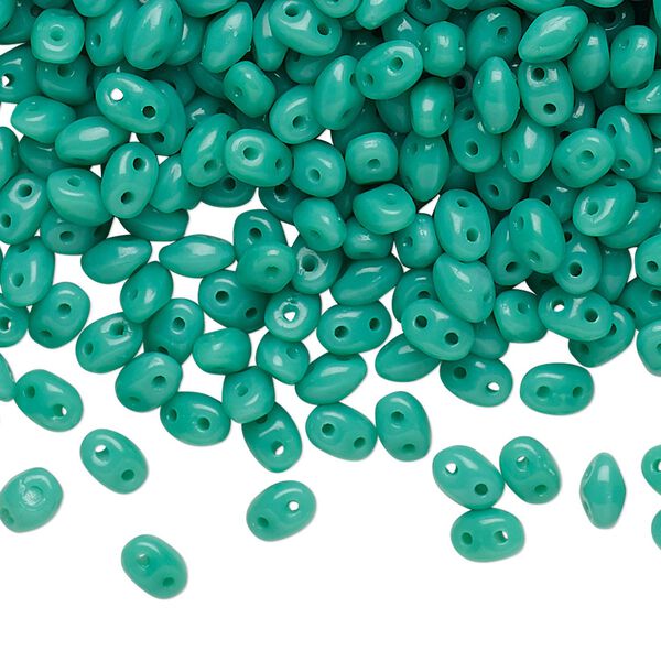 Bead, Preciosa Twin™, Pressed Twin, Czech pressed glass, turquoise green, 5x2.5mm oval with 2 holes. Sold per 10-gram pkg. image number 0