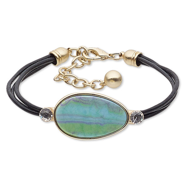 Bracelet, 3-strand, leather (dyed) / glass rhinestone / resin / gold-finished steel / "pewter" (zinc-based alloy), multicolored, 44x21mm teardrop, 7-1/2 inches with 2-inch extender chain and lobster claw clasp. Sold individually. image number 0