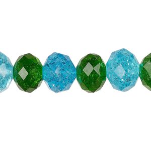 Bead, crackle glass, translucent blue and green, 12x9mm faceted rondelle. Sold per pkg of 20.
