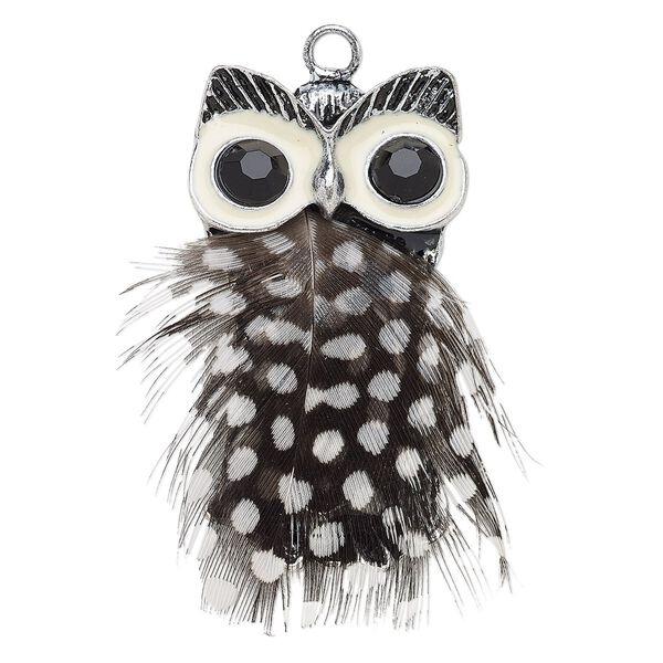 Focal, feather (natural) / acrylic rhinestone / enamel / antique silver-finished steel / "pewter" (zinc-based alloy), white and black, 52x29mm owl. Sold individually. image number 0