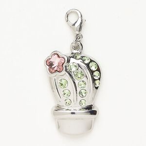 Charm "pewter" (zinc-based alloy) / glass 1pkg1 26x17mm cactus, antique silver finish / pink / green lobster claw clasp