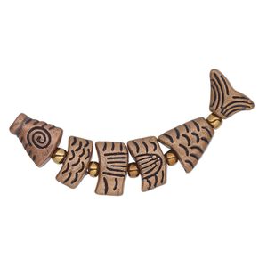 Bead, antique copper-plated "pewter" (zinc-based alloy), 43x9mm double-sided fish. Sold per 6-piece set.