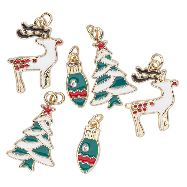 Charm assortment, gold-finished "pewter" (zinc-based alloy) / enamel / glass rhinestone, white / green / multicolored, Christmas shapes. Sold per pkg of 6. image number 0