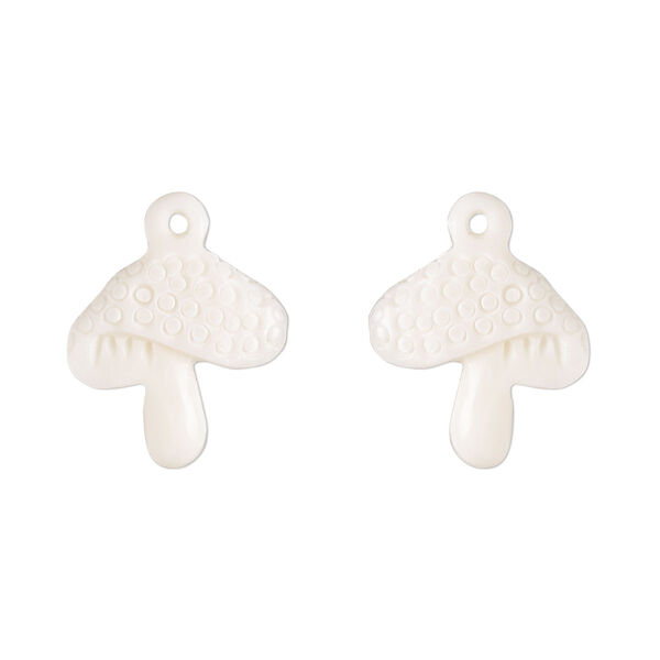 Drop, bone (bleached), 15x15mm left- and right-facing hand-cut top-drilled single-sided carved mushroom. Sold per pair. image number 0