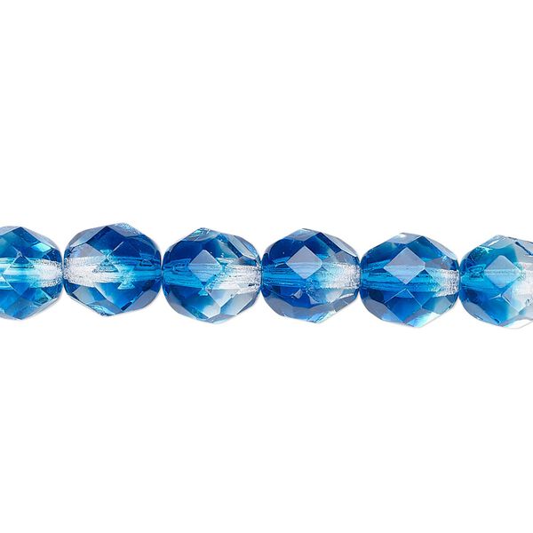 Bead, Czech fire-polished glass, two-tone, crystal / aqua, 8mm faceted round. Sold per pkg of 1/2 mass. image number 0