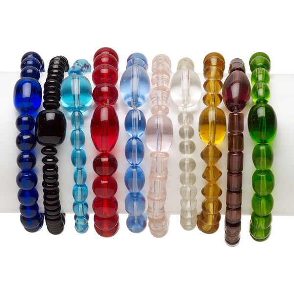 Bracelet, stretch, glass, assorted colors, 7-12mm multi-shape, 7-8 inches. Sold per pkg of 10. image number 0