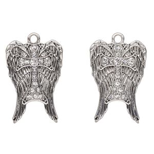 Drop, antique silver-finished "pewter" (zinc-based alloy), 27x18mm angel wings with cross. Sold per pkg of 2.