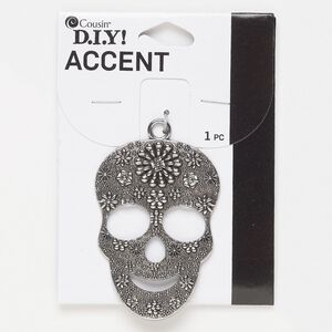 Focal, antique silver-finished "pewter" (zinc-based alloy), 58 x 40.5mm single-sided sugar skull. Sold individually.