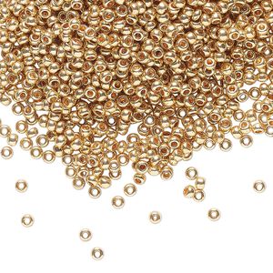 Seed bead, Preciosa Ornela Czech glass, pkg/500g, #11 rocaille, opaque gold finish metallic clear, (18304).