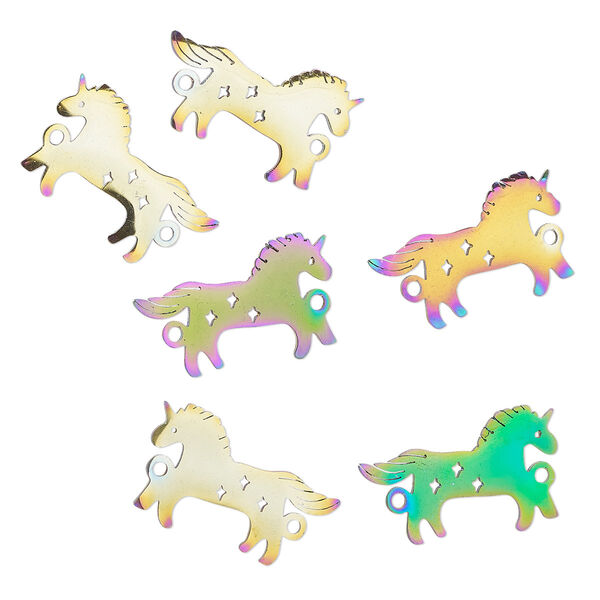 Link, electro-coated stainless steel, rainbow, 19x12mm double-sided unicorn. Sold per pkg of 6. image number 0