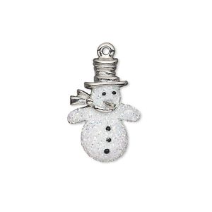 Charm, enamel and imitation rhodium-plated "pewter" (zinc-based alloy), white and black with glitter, 22x15mm single-sided snowman. Sold individually.
