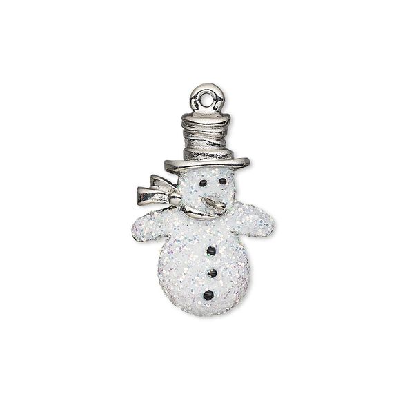 Charm, enamel and imitation rhodium-plated "pewter" (zinc-based alloy), white and black with glitter, 22x15mm single-sided snowman. Sold individually. image number 0