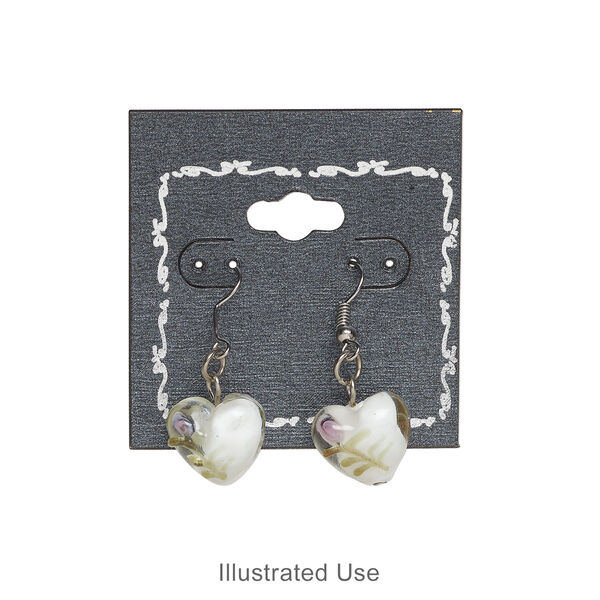 Earring card, PVC plastic and paper, opaque black and silver, 2x2 inch square with scroll design. Sold per pkg of 100. image number 1