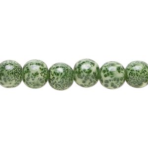 Bead, glass, opaque light green and dark green, 7-8mm round with random spotted pattern. Sold per 15-1/2" to 16" strand.