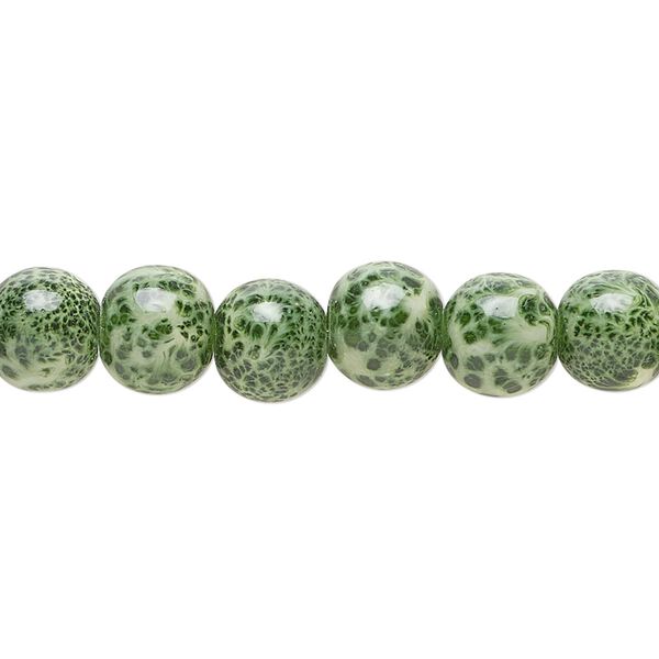Bead, glass, opaque light green and dark green, 7-8mm round with random spotted pattern. Sold per 15-1/2" to 16" strand. image number 0