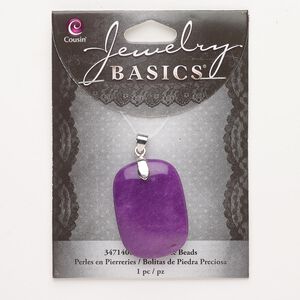 Pendant, brass and agate (dyed), pkg/1, silver finish and purple, 36x25mm puffed rectangle.