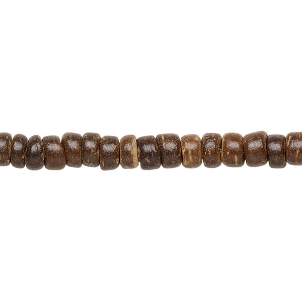 Bead, wood (waxed), dark brown, 5x1.5mm-6x3.5mm hand-cut rondelle. Sold per pkg of (2) 15-1/2" to 16" strands. image number 0