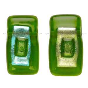 Bead, Paula Radke, dichroic glass, transparent green and aqua blue, 40x21mm-42x23mm top-drilled stacked rectangle. Sold individually.