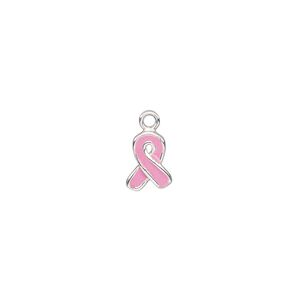 Charm, enamel and sterling silver, pink, 9x7mm single-sided awareness ribbon. Sold individually.