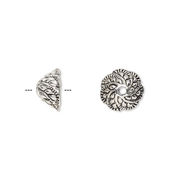 Bead cap, antique silver-finished "pewter" (zinc-based alloy), 10.5x6mm fancy leaf, fits 6-8mm bead. Sold per pkg of 20. image number 0