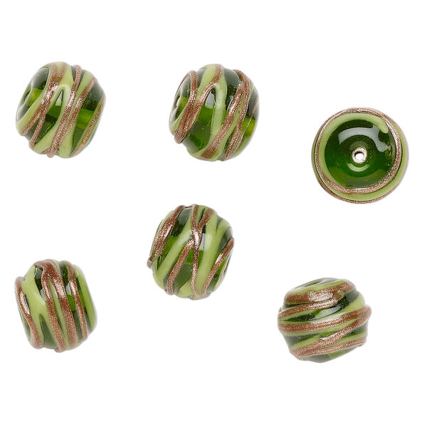 Bead, lampworked glass 1pkg6, translucent olive green / opaque light green / copper-colored glitter, 15x12mm rondelle with swirl. image number 0